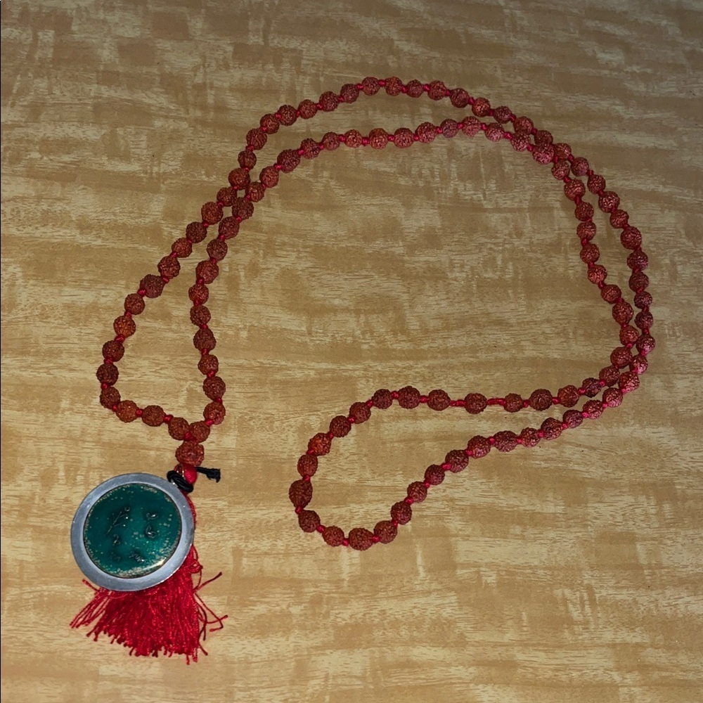 Source Unknown Red Beaded Necklace with Green Pewter Long Pendant